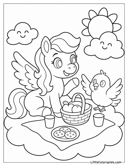 Cartoon Pegasus Hosting a Sky Picnic With Bird and Cloud Friends Coloring Page