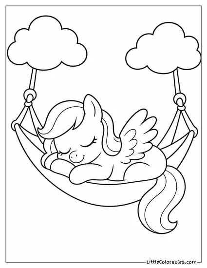 Cartoon Pegasus Napping in a Hammock Strung Between Two Clouds Coloring Page