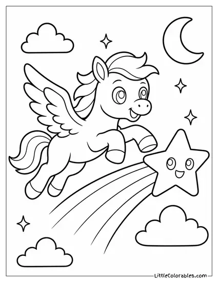 Cartoon Pegasus Racing Alongside a Shooting Star Through the Night Sky Coloring Page