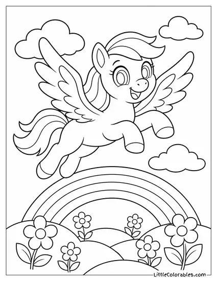 Cartoon Pegasus Soaring Joyfully Above a Rainbow Colored Meadow Coloring Page