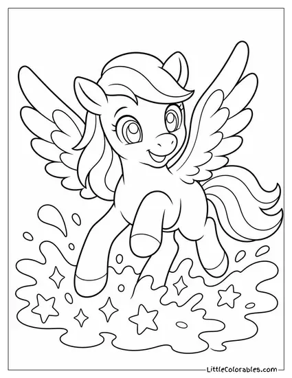 Cartoon Pegasus Splashing Through a Puddle of Glowing Stardust Coloring Page