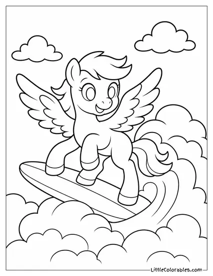 Cartoon Pegasus Surfing on a Wave of Fluffy White Clouds Coloring Page