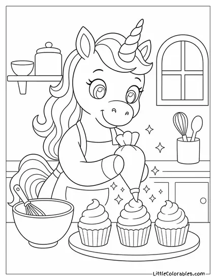 Cartoon Unicorn Baking Cupcakes With Sparkles for Frosting Coloring Page