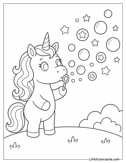 Cartoon Unicorn Blowing Bubbles That Turn Into Tiny Stars Coloring Page