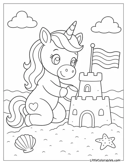 Cartoon Unicorn Building a Sandcastle With a Rainbow Flag Coloring Page