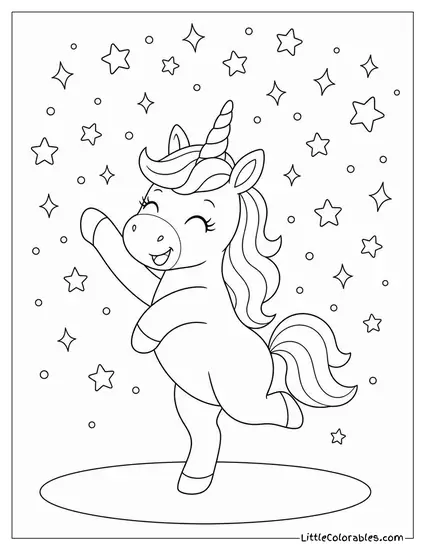 Cartoon Unicorn Dancing Under a Shower of Glitter and Stars Coloring Page