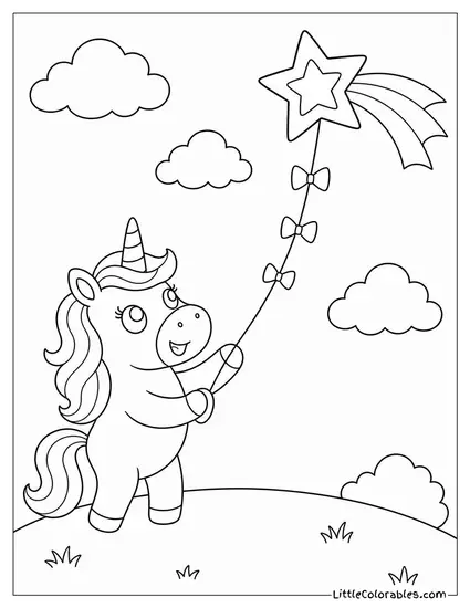 Cartoon Unicorn Flying a Kite Shaped Like a Shooting Star Coloring Page
