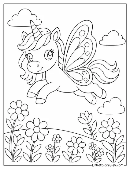 Cartoon Unicorn Flying With Butterfly Wings Through a Field of Flowers Coloring Page