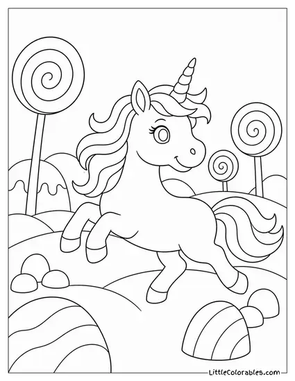 Cartoon Unicorn Galloping Through a Candy Land With Lollipop Trees Coloring Page