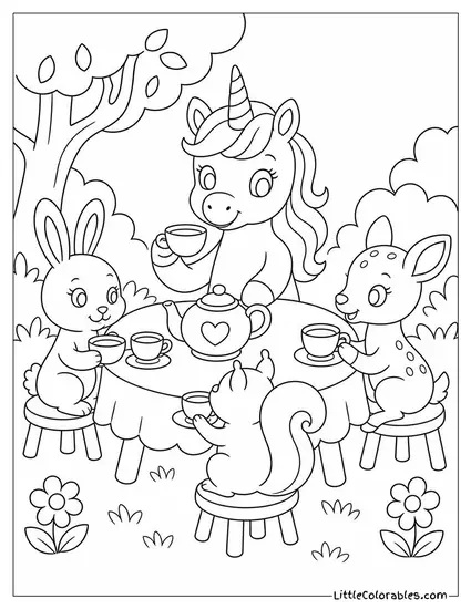 Cartoon Unicorn Hosting a Tea Party With Woodland Friends Coloring Page