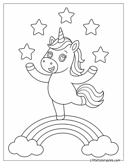 Cartoon Unicorn Juggling Stars While Balancing on a Rainbow Coloring Page