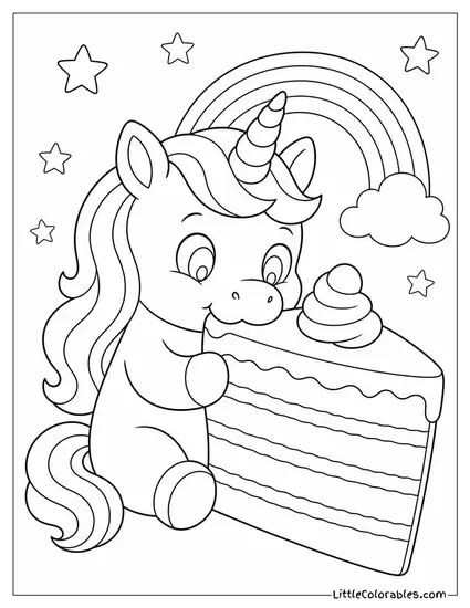 Cartoon Unicorn Munching on a Giant Slice of Rainbow Cake Coloring Page