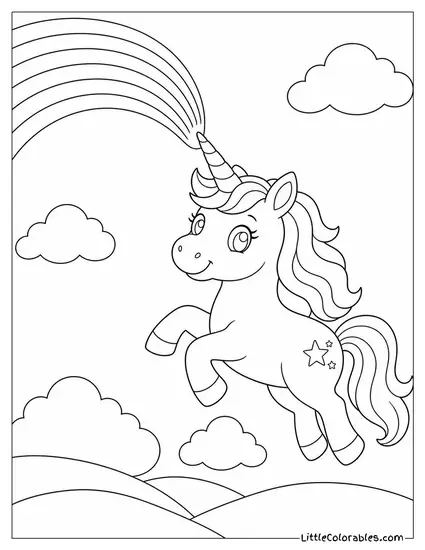 Cartoon Unicorn Painting a Rainbow Across the Sky With Its Horn Coloring Page