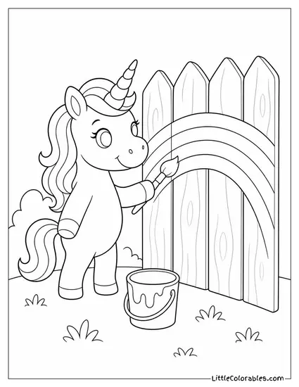 Cartoon Unicorn Painting Rainbow Stripes on a Wooden Fence Coloring Page