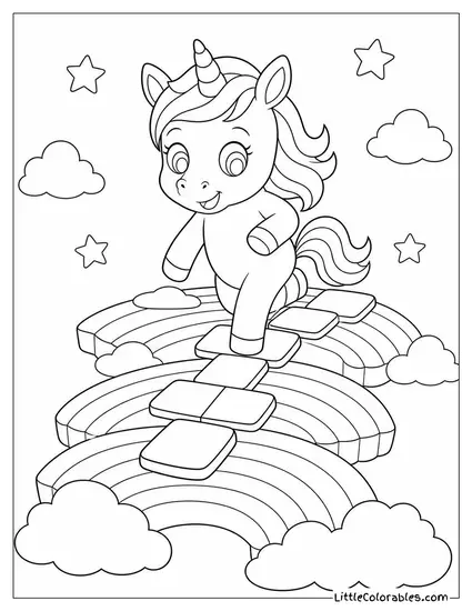 Cartoon Unicorn Playing Hopscotch on Floating Rainbow Platforms Coloring Page