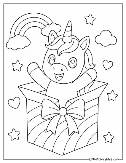 Cartoon Unicorn Popping Out of a Rainbow Colored Gift Box Coloring Page