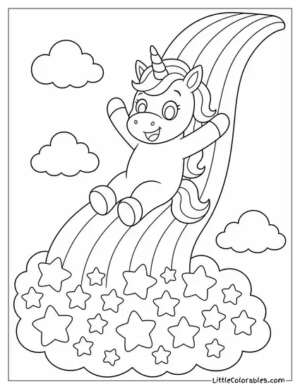 Cartoon Unicorn Riding a Rainbow Slide Into a Pool of Stars Coloring Page