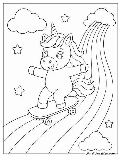 Cartoon Unicorn Riding a Skateboard Down a Rainbow Ramp Coloring Page