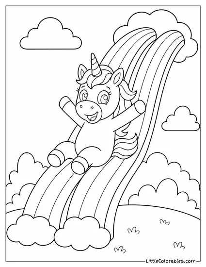 Cartoon Unicorn Sliding Down a Double Rainbow Slide Coloring Page