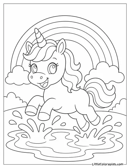 Cartoon Unicorn Splashing Through a Rainbow Puddle With Joy Coloring Page