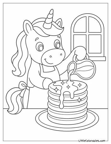 Cartoon Unicorn Stacking Pancakes Drizzled With Sparkly Syrup Coloring Page