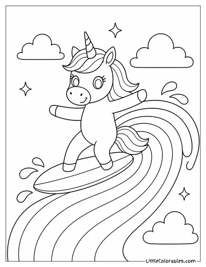 Cartoon Unicorn Surfing on a Wave Made of Rainbow Light Coloring Page