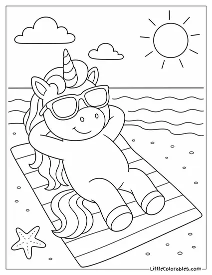 Cartoon Unicorn Wearing Sunglasses Lounging on a Beach Towel Coloring Page