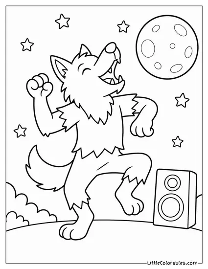 Cartoon Werewolf Doing a Silly Howl Dance at a Full Moon Party Coloring Page