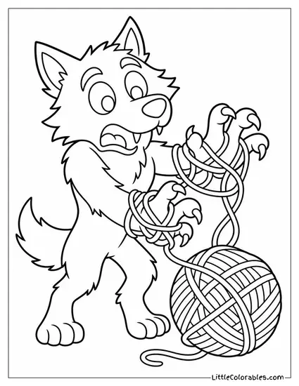 Cartoon Werewolf Getting Its Claws Stuck in a Tangled Ball of Yarn Coloring Page
