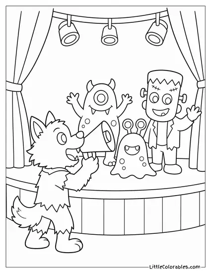 Cartoon Werewolf Howling Into a Megaphone at a Monster Talent Show Coloring Page