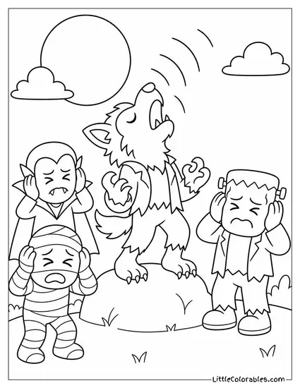Cartoon Werewolf Howling Off Key While Other Monsters Cover Their Ears Coloring Page