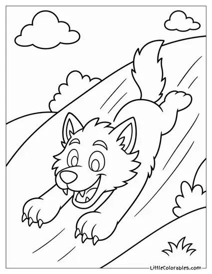 Cartoon Werewolf Sliding Down a Hill on Its Belly Like a Furry Toboggan Coloring Page