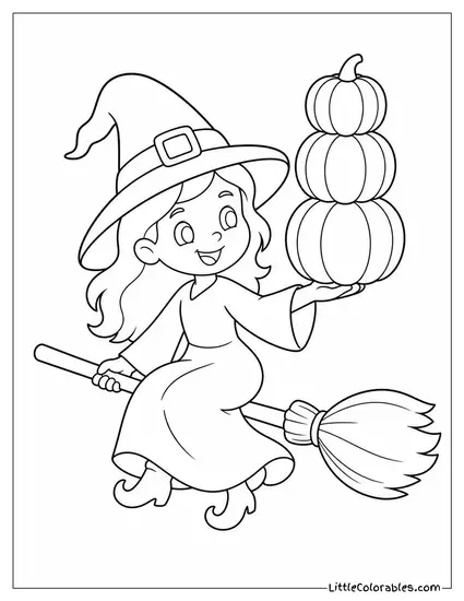 Cartoon Witch Balancing a Stack of Pumpkins on Her Broomstick Coloring Page