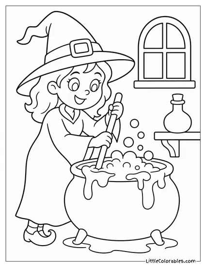 Cartoon Witch Brewing a Potion That Bubbles Over the Cauldron Edge Coloring Page