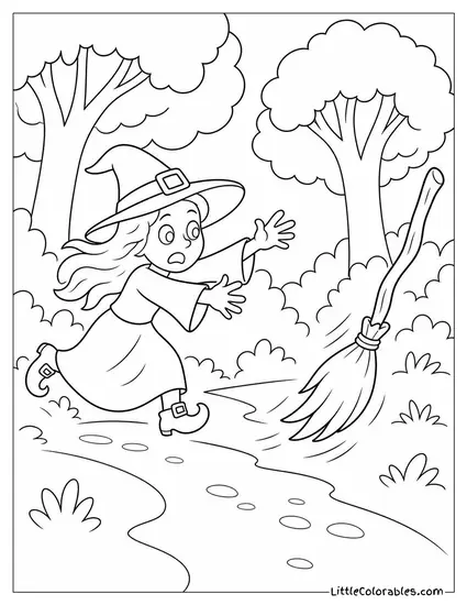 Cartoon Witch Chasing Her Runaway Broomstick Through the Forest Coloring Page