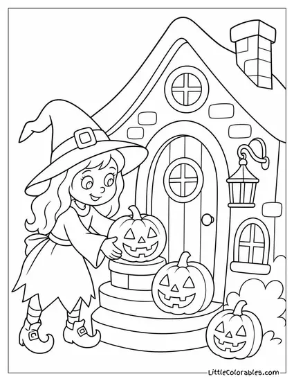 Cartoon Witch Decorating Her Cottage With Glowing Jack O Lanterns Coloring Page