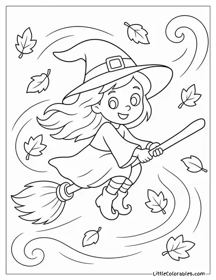 Cartoon Witch Flying Her Broomstick Through a Swirl of Autumn Leaves Coloring Page