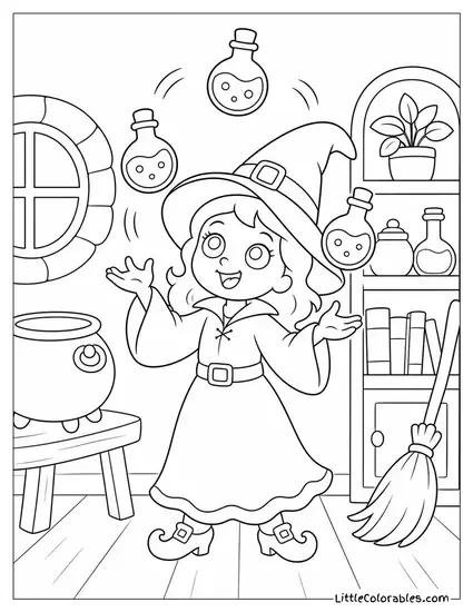 Cartoon Witch Juggling Glowing Potion Bottles in Her Cluttered Cottage Coloring Page