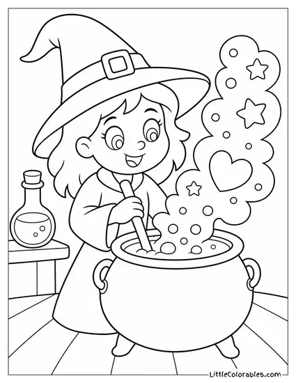 Cartoon Witch Mixing a Glowing Potion That Fizzes Into Shapes Coloring Page