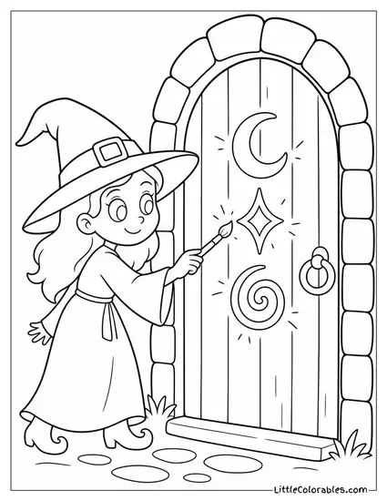 Cartoon Witch Painting Glowing Runes Onto a Wooden Door Coloring Page