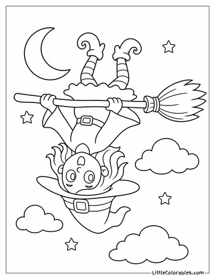 Cartoon Witch Riding Her Broomstick Upside Down by Mistake Coloring Page