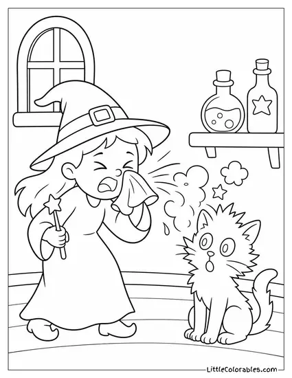 Cartoon Witch Sneezing and Accidentally Turning Her Cat Purple Coloring Page