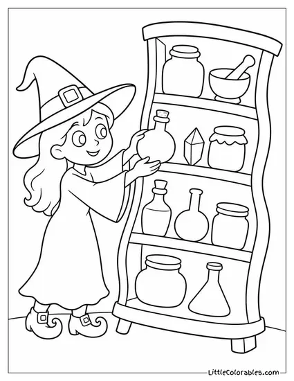 Cartoon Witch Stacking Ingredients Into a Wobbly Potion Shelf Coloring Page