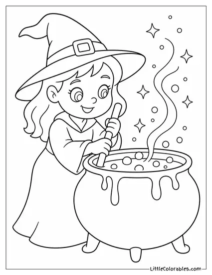 Cartoon Witch Stirring a Bubbling Cauldron With Sparks Flying Upward Coloring Page