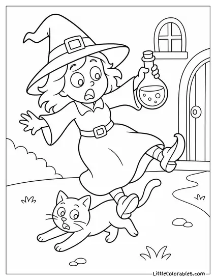 Cartoon Witch Tripping Over Her Own Cat While Carrying a Potion Bottle Coloring Page