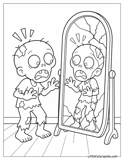 Cartoon Zombie Accidentally Scaring Itself in a Cracked Mirror Coloring Page