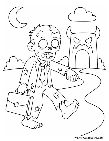 Cartoon Zombie Carrying a Briefcase Stumbling Off to a Monster Job Coloring Page