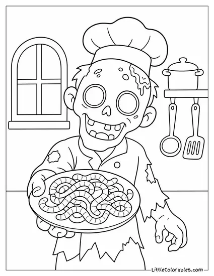 Cartoon Zombie Chef Serving a Plate of Wiggly Worm Spaghetti Coloring Page