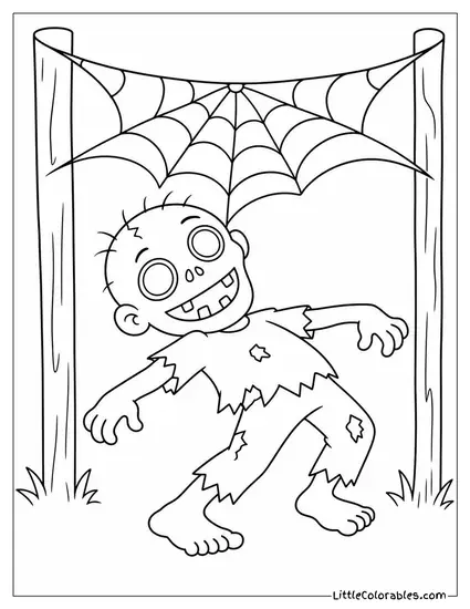 Cartoon Zombie Dancing the Limbo Under a Low Hanging Cobweb Coloring Page
