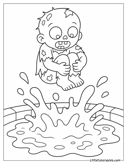Cartoon Zombie Doing a Cannonball Into a Pool of Green Slime Coloring Page